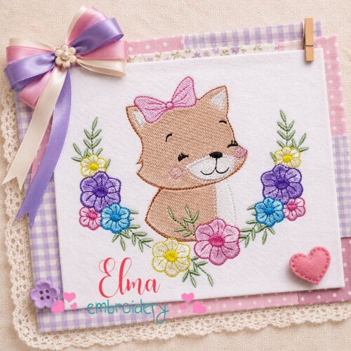 Matriz de Bordado Raposinha Floral Delicada Ponto Cheio