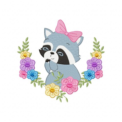 Matriz de Bordado Guaxinim Fofo com Flores Ponto Cheio