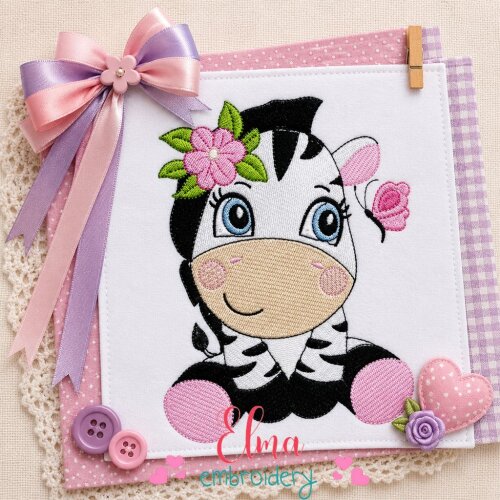 Matriz de Bordado Zebra Infantil Sentada com Flor Ponto Cheio