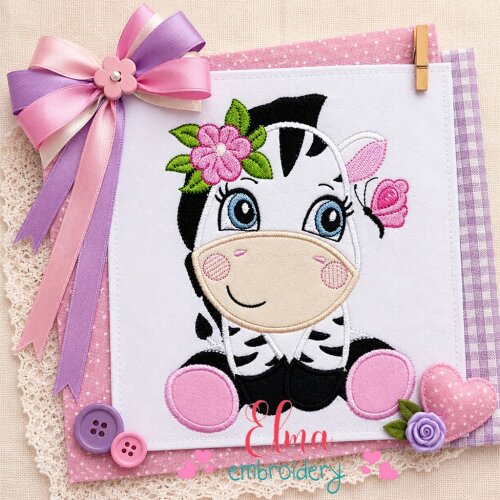 Matriz de Bordado Zebra Infantil com Flor Aplique