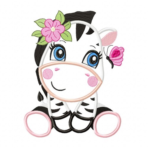 Matriz de Bordado Zebra Infantil com Flor Aplique