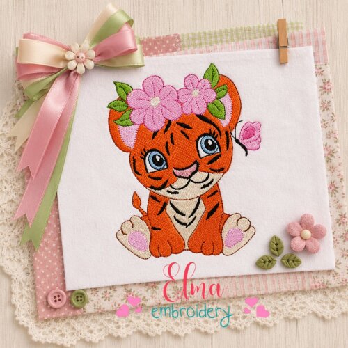 Matriz de Bordado Tigre Infantil com Flores Ponto Cheio
