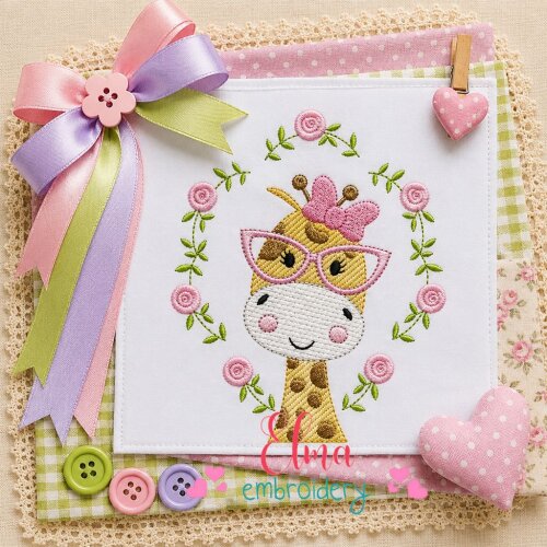 Matriz de Bordado Girafa Floral com Óculos Ponto Sketch