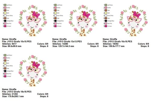 Matriz de Bordado Girafa Floral com Óculos Ponto Sketch