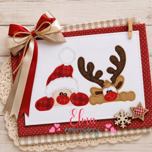 Matriz de Bordado Papai Noel e Rena Espiando Aplique Natal