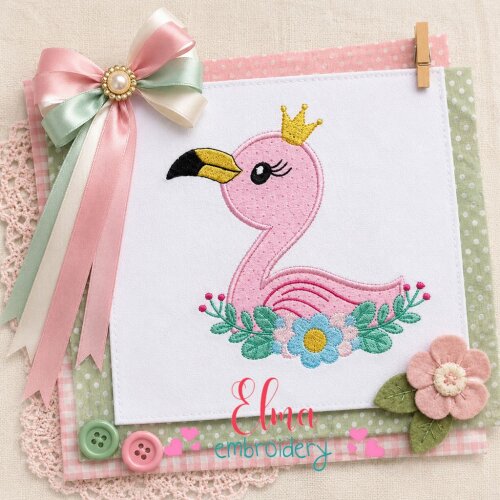Matriz de Bordado Flamingo Princesa com Flores Aplique