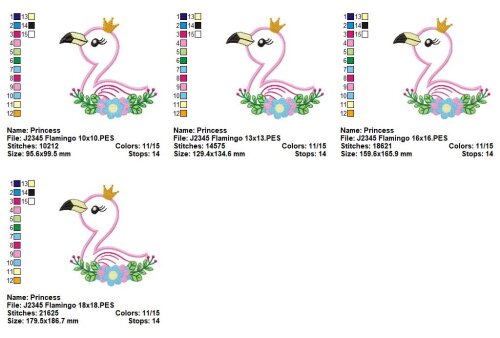 Matriz de Bordado Flamingo Princesa com Flores Aplique