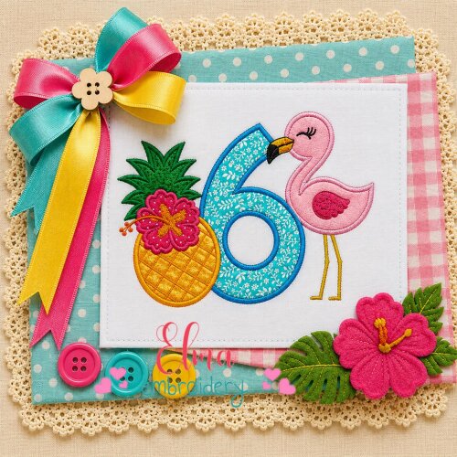 Matriz de Bordado Flamingo Tropical Número 6 Aplique