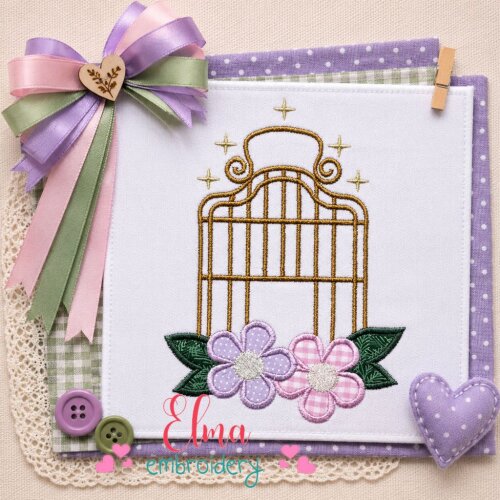 Matriz de Bordado Gaiola Decorativa com Flores Aplique
