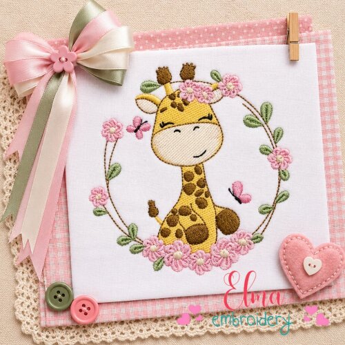 Matriz de Bordado Girafa Floral Delicada Ponto Cheio
