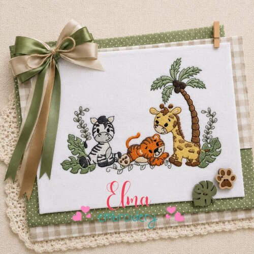 Matriz de Bordado Safari Infantil Girafa Tigre Zebra Ponto Cheio