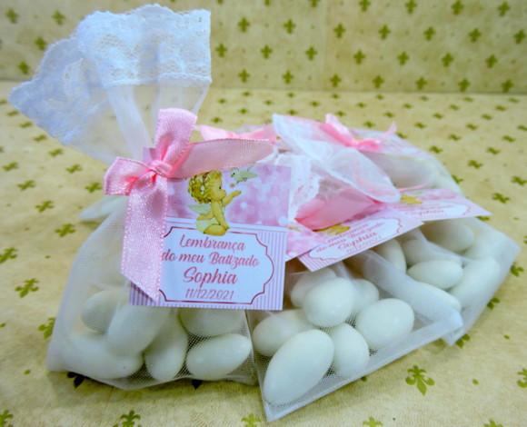 Lembrancinha Batizado Amêndoas Saquinho Organza Anjinho