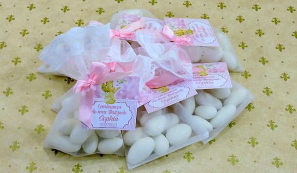 Lembrancinha Batizado Amêndoas Saquinho Organza Anjinho