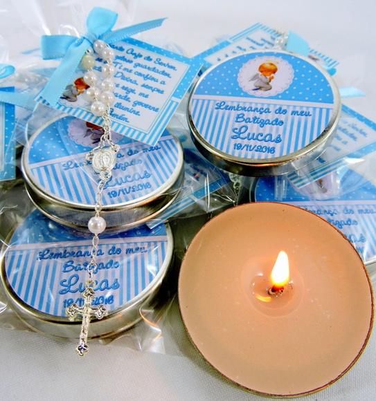 Lembrancinha Batizado Vela na Latinha e Tercinho Anjinho