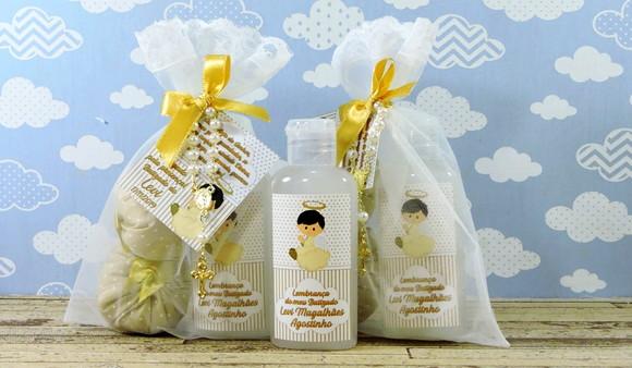 Lembrancinha de Batizado 2 Sachês Sabonete Líquido Organza