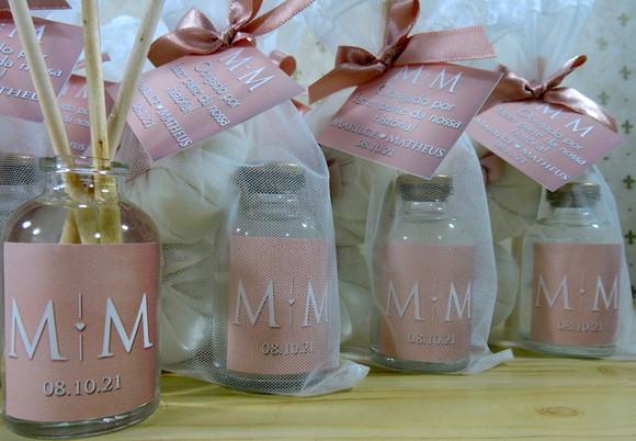 Lembrancinha de Casamento Dois Sachês e Mini Difusor Rosê