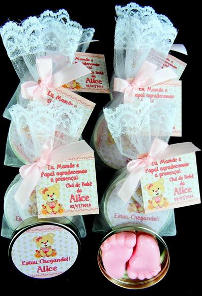 Lembrancinha Latinha Pézinho na Organza Ursinha Rosa
