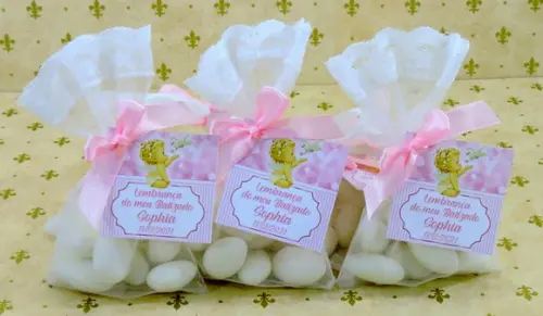 Lembrancinha Batizado Amêndoas Saquinho Organza Anjinho