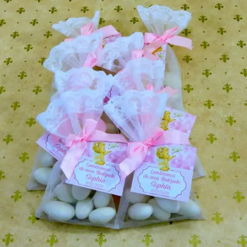 Lembrancinha Batizado Amêndoas Saquinho Organza Anjinho