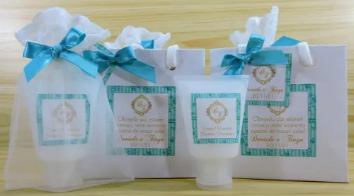 Lembrancinha Creme na Organza e Sacolinha Casamento Brasão