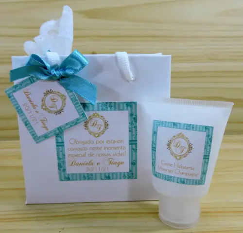 Lembrancinha Creme na Organza e Sacolinha Casamento Brasão