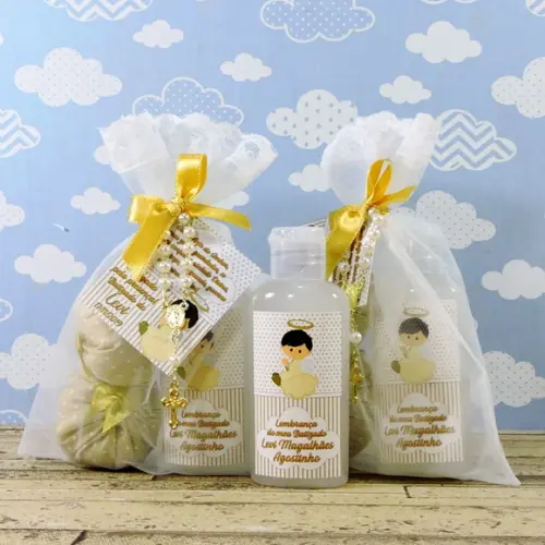 Lembrancinha de Batizado 2 Sachês Sabonete Líquido Organza