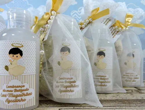 Lembrancinha de Batizado 2 Sachês Sabonete Líquido Organza