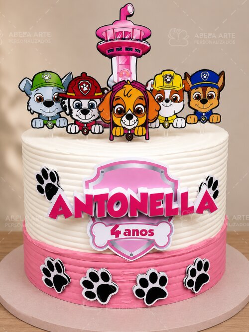 Topo de Bolo Patrulha Canina Rosa, Topper de Bolo Skye e Everest, Personalizado Nome e Idade Mesversário Festa Infantil