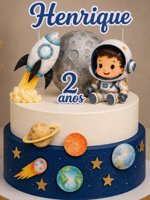 Topo de Bolo Astronauta Personalizado com Nome e Idade | Topper Astronauta Foguete Lua Mesversário