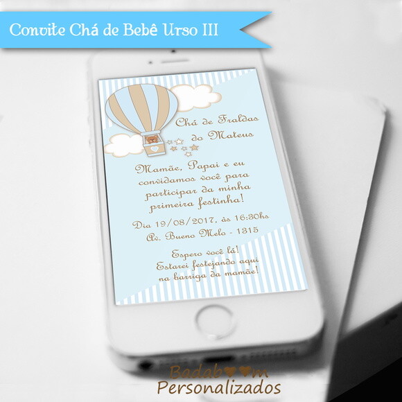 Convite Digital Chá De Bebê Balão Urso