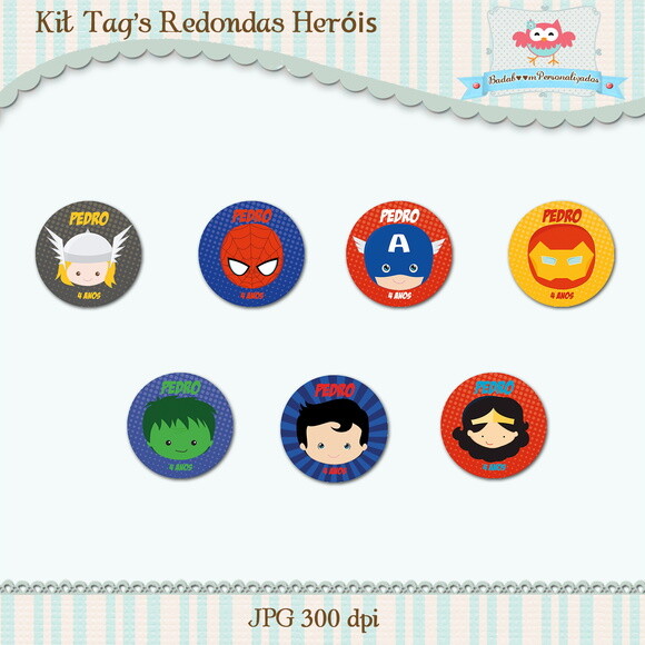 Kit Arte Digital Tags Redondas Heróis