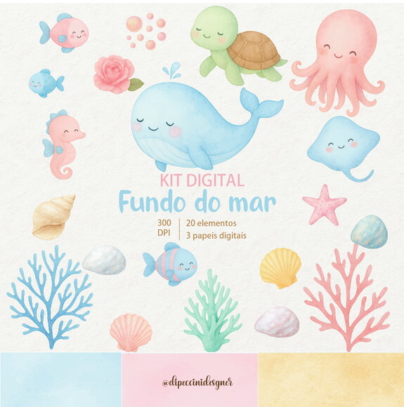 Kit Digital Fundo do Mar Aquarela
