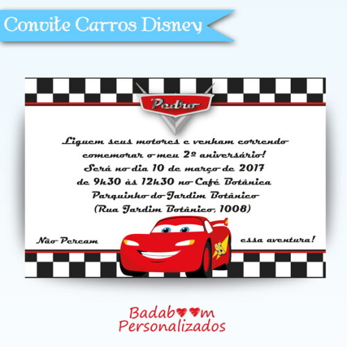 Arte Digital Convite Carros Disney