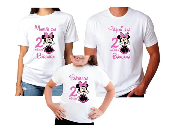Camiseta Pai Mãe e Filha Minnie Mouse Rosa