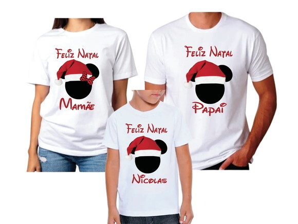 Kit Camisetas Pai Mãe e Filho Michey para Natal