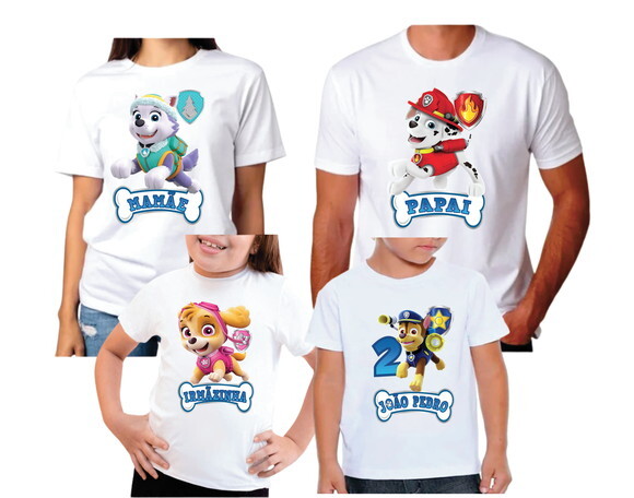 Kit Familia 4 Camisetas Patrulha Canina para Aniversário