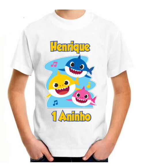 Camiseta Infantil Baby Shark Colocamos Nome da Criança