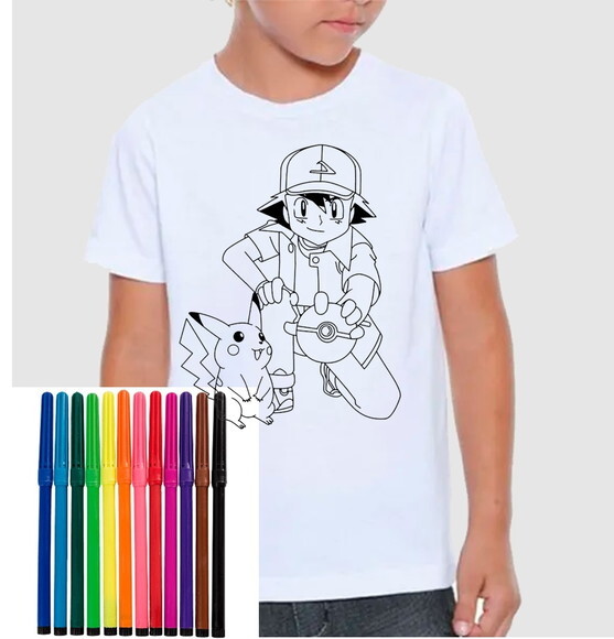 Camiseta para Colorir Ash e Pikachu