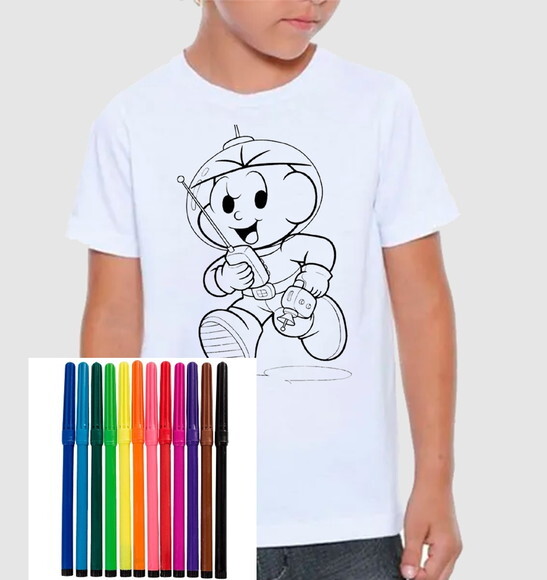 Camiseta para Colorir Cebolinha Canetinhas de Brinde