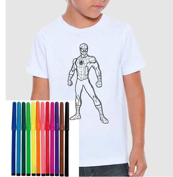 Camiseta para Colorir Homem Aranha Acompanha Canetinha
