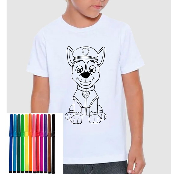 Camiseta para Colorir Patrulha Canina Chase com Canetinha