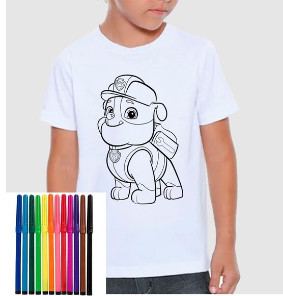 Camiseta para Colorir Patrulha Canina Rubble com Canetinha