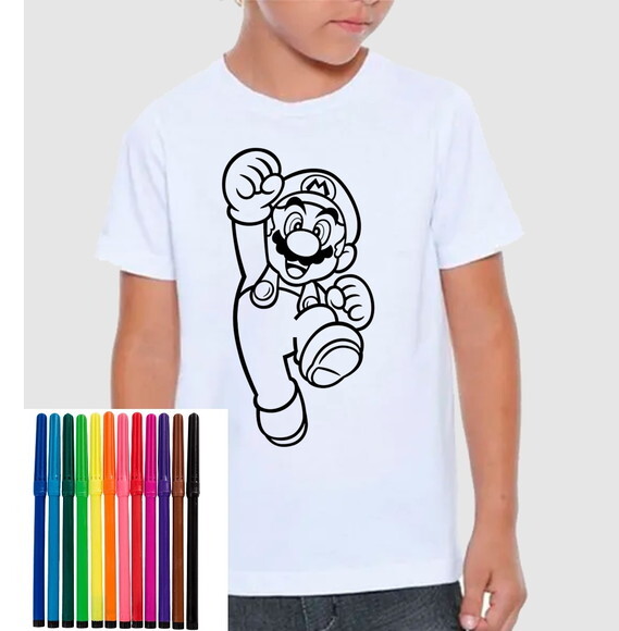 Camiseta para Colorir Super Mario Bros com Canetinha