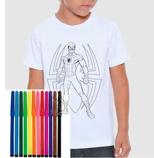 Camisa para Colorir Homem Aranha Acompanha Canetinha