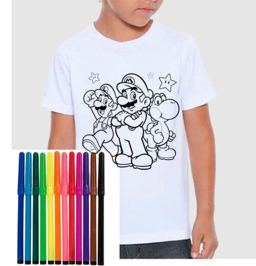 Camiseta Infantil Vamos Colorir Turma do Mario