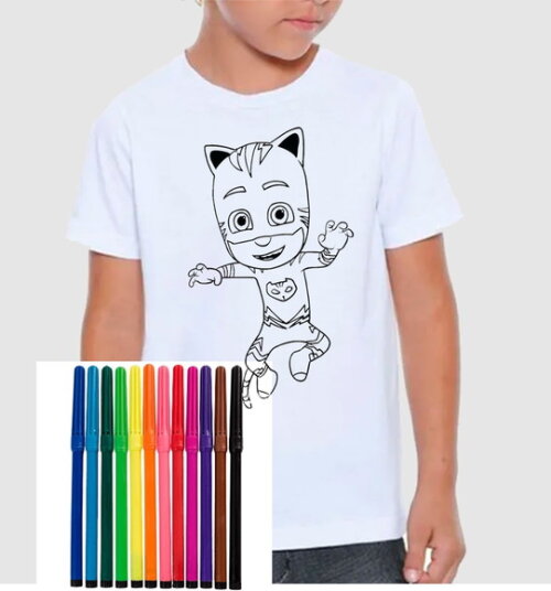 Camiseta para Colorir Menino Gato