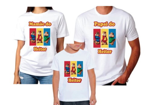Kit 3 Camisetas Pai Mãe e Filho Alvin e os Esquilos