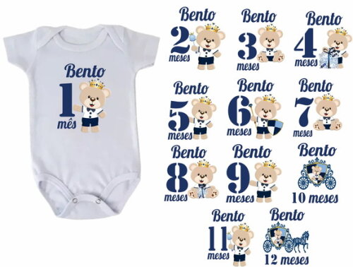Kit Body Bebê Mesversario Ursinho Principe Azul