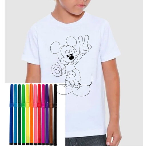 Camisa para Colorir Mickey Acompanha Canetinha
