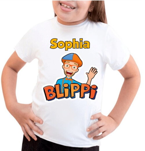 Camiseta Feminino Infantil Blippi com Nome da Criança